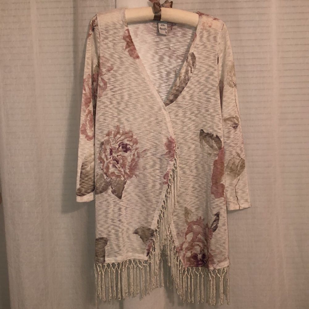 American Rag S Knit Floral Open Front Tasseled Hem Cardigan Kimono Duster